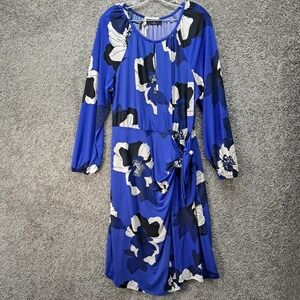 Lane Bryant Blue Floral Faux Wrap Dress Long Sleeve Keyhole Plus Size 14/16